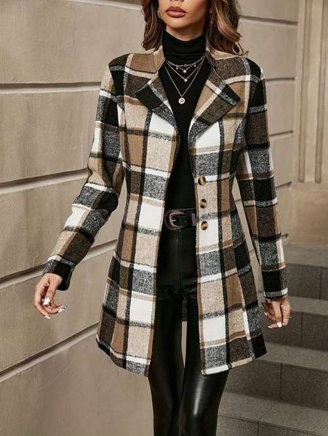 Plaid Trench Coat, Ladies Blazer, Long Sleeve Outerwear, Women Overcoat, Polyester Jacket, Plaid Coat, Wool Blend Coat, Trench Coats Women, Inspiration Mode