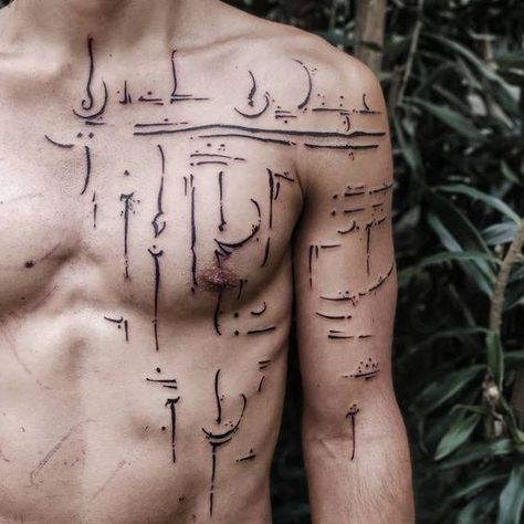 Full Body Rune Tattoo, Sporadic Tattoos, Elian Script Tattoo, Ancestral Tattoo, Surgery Tattoo, Mens Body Tattoos, Black Line Tattoo, Occult Tattoo, Sigil Tattoo