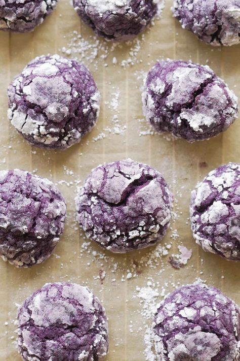 Ube Crinkle Cookies (Filipino Purple Yam Cookies) - Hungry Huy Ube Crinkles Cookies Recipe, Yam Cookies, Ube Crinkle Cookies, Lemon Ricotta Cookies, Steamed Rice Cake, Crinkle Cookies Recipe, Ricotta Cookies, Purple Yam, Chocolate Crinkle Cookies