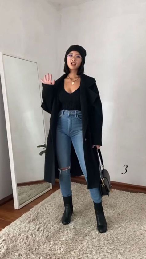 Cute Casual Brunch Outfits Winter, Date Outfits Rainy Day, Mid Size Black Outfit, Warm Brunch Outfit, Kings Game Outfit, Brunch Winter Outfits, Cute Winter Brunch Outfits, Casual Edgy Outfits Winter, Cold Brunch Outfit