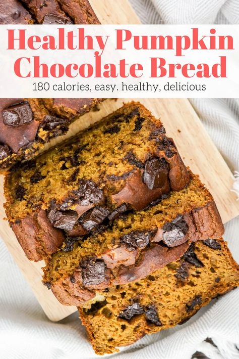 Pumpkin Chocolate Bread, Pumpkin Bread With Chocolate Chips, Bread With Chocolate Chips, Bread With Chocolate, Healthy Pumpkin Bread, Bread Healthy, Slender Kitchen, High Protein Desserts, Chocolate Chip Bread