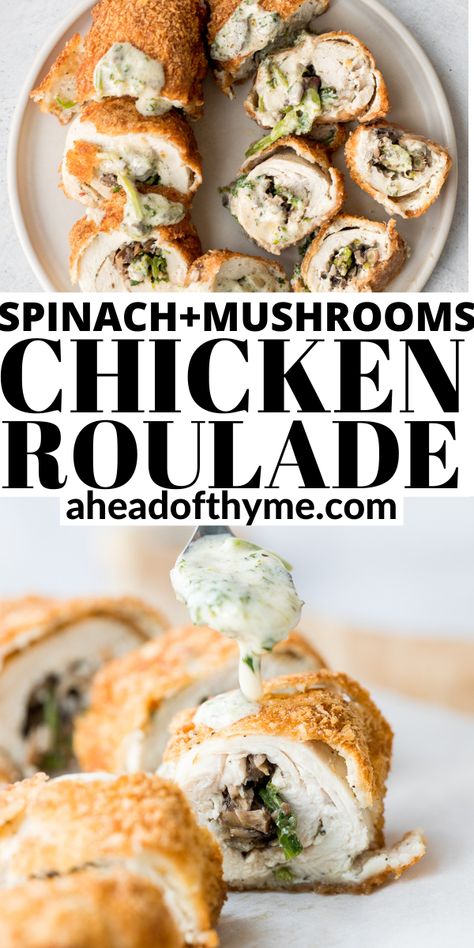 Rolled Stuffed Chicken Breast, Chicken Breast Rolls, Chicken Roulade Recipe, Chicken Spinach Mushroom, Chicken Rollups, Chicken Roulade, Roulade Recipe, Spinach Rolls, Spinach And Mushrooms