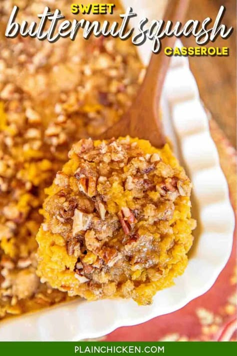 Sweet Butternut Squash Casserole - Plain Chicken Praline Sweet Potato Casserole, Thanksgiving Casserole Recipes, Mashed Butternut Squash, Crockpot Chicken And Gravy, Butternut Squash Casserole, Frozen Butternut Squash, Squash Casserole Recipes, Thanksgiving Side Dishes Easy, Brown Sugar Recipes