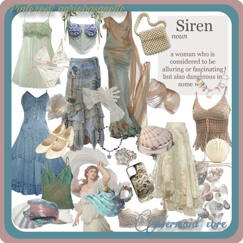 Siren Archetype Outfits, Sea Core Outfits, Sea Aesthetic Clothes, Mermaid Core Clothes, Sea Themed Outfits Aesthetic, Dark Siren Fashion, Ocean Core Clothes, Ocean Academia Outfit, Sea Fairy Outfit