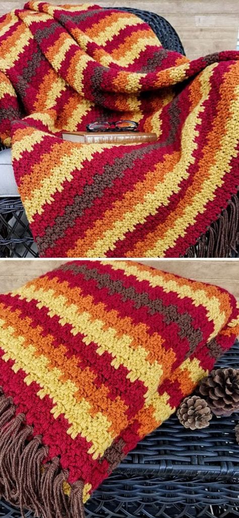 Beautiful Autumnal Crochet Afghans - Pattern Center Fall Afghan Crochet Patterns, Corak Krusye, Motifs Afghans, Crochet Pour Halloween, Crochet Knit Blanket, Crochet Rugs, Fall Blanket, Fall Crochet Patterns, Confection Au Crochet