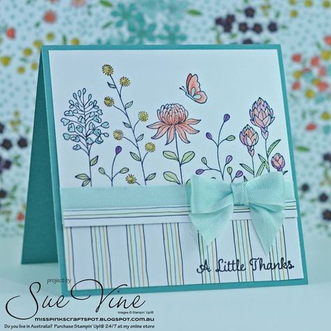 Miss Pinks Craft Spot featuring Stampin' Up! products by Sue Vine, Adelaide South Australia Stampin Up Flowering Fields, Patty Bennett, Spring Cards, Flowers And Butterflies, Stamping Up Cards, Card Layout, Floral Cards, Card Making Ideas, Creative Cards