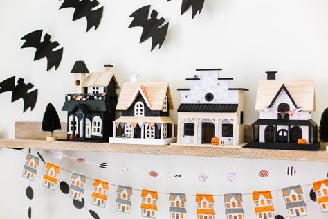 Diy Halloween Village Houses, Halloween Village Diy, Diy Wood Halloween, Cute Halloween Village, Mini Halloween Village, Halloween Wood House Craft, Dollar Tree Wood Haunted House, Diy Halloween House Decorations, Dollar Tree Dollhouse Makeover Halloween