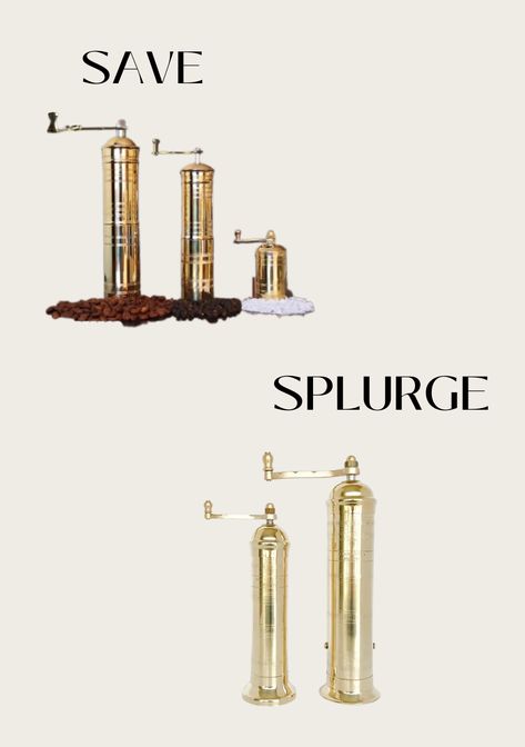 Two sets of brass salt and pepper grinders being compared as a save vs splurge set. Brass Pepper Grinder, Gold Pepper Mill, Gold Pepper Grinder, Gold Salt And Pepper Grinder, Salt Pepper Grinder, Brass Pepper Mill, Brass Salt And Pepper Mill, Brass Salt And Pepper Grinder, Sanderson House