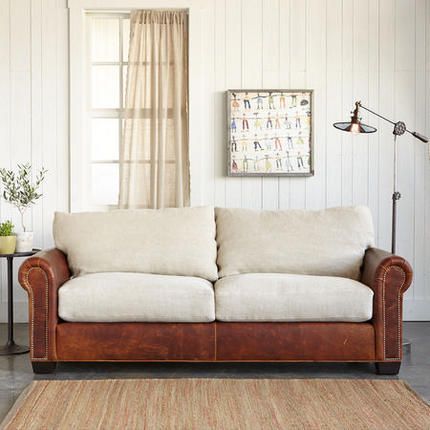 Two tone sofa (also like the way the off-center window is balanced by the art and lamp) Country Couches, Reupholster Chair Dining, Best Leather Sofa, Couch Set, Leather Couch, Cottage Living, Couch Covers, Sofa Covers, Fabric Sofa