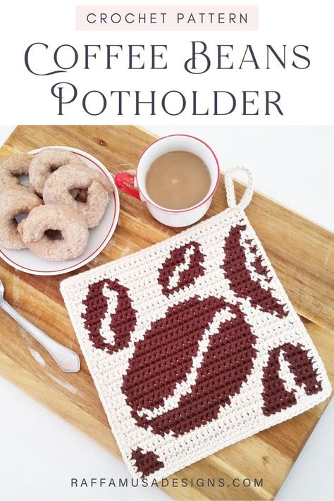 a crochet potholder made using the tapestry crochet technique and featuring some brown coffee beans Hot Pad Pattern, Winter Kitchen Decor, Crochet Pot Holders Free Pattern, Winter Kitchen, Crochet Coffee, Crochet Hot Pads, Crochet Christmas Gifts, Potholder Patterns, Crochet Towel