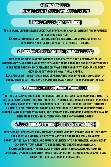 Discover how luck plays a crucial role in wealth and financial success in The Psychology of Money by Morgan Housel. This book dives into how timing, opportunities, and the randomness of life shape our financial journeys. Housel emphasizes the importance of humility and recognizing the role of luck in shaping our outcomes. A must-read for anyone looking to understand the hidden forces behind wealth and the psychology of money.
1. Random Luck (Chance Luck) 
2. Luck from Preparation (Prepared Luck)
3. Luck from Hard Work (Work Luck)
4. Luck from Attitude (Positive Mental Luck) Psychology Of Money, Morgan Housel, Attitude Positive, Finance Books, Psychology Books, Financial Success, Financial Literacy, Good Fortune, Finance Tips