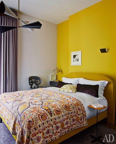 Color Therapy: Decorating with Yellow! - Centered by Design Decorating With Yellow, Yellow Accent Wall, Bedrooms Interior, Yellow Accent Walls, Bedroom Yellow, Posters On Wall Bedroom, Modern Minimalist Bedroom, Modern Luxury Bedroom, Ad Magazine