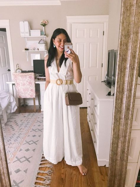 Straw Belt Outfit, Woven Belt Outfit, White Linen Jumpsuit, White Summer Outfits, Post Partum Outfits, Everyday Dress, Bridal Shower Dress, Summer Work, Jumpsuit Summer