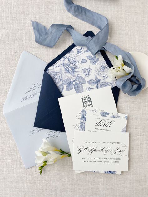 White Floral Invitation, Classic Wedding Details, Rebecca Green, Spring Wedding Color Palette, Floral Envelope Liner, Floral Envelope, Envelope Liners Wedding, Navy Blue Wedding Invitations, White Wedding Theme