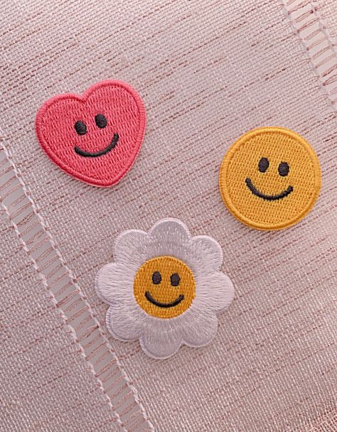 Smiley face patches to brighten your day! Find self adhesive & iron on patches in a variety of sizes & colors. #smileyface #patches . #Couture #Fabric_Stickers_For_Clothes #Iron_On_Patches_Ideas_Clothes_Diy #Patches_Iron_On Fabric Stickers For Clothes, Iron On Patches Ideas Clothes Diy, Patches Iron On, Handmade Patches Embroidery, Kidcore Patches, Clothes Patches Diy, Cute Iron On Patches, Iron Patches On Clothes, Iron On Patches Ideas Clothes