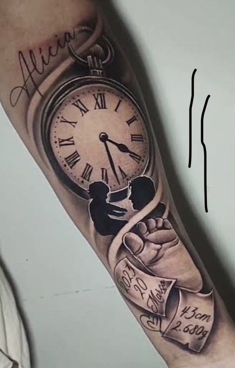 Birth Clock Tattoo Men, Roman Numbers Tattoo, Twin Tattoos, Crown Tattoo Design, Date Tattoos, Clock Tattoo Design, Roman Numbers, Koi Tattoo, Tattoo For Son