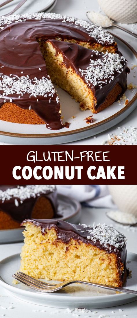 Easy Gluten Free Coconut Cake - This amazing gluten free coconut cake is easy to whip up and it’s guaranteed to be a huge hit with any coconut lover. It has the most incredible, intense coconut flavour thanks to an abundance of desiccated coconut in the batter, as well as a buttery, soft, tender crumb. The chocolate ganache glaze on top makes it even more luxurious and it’s the perfect finishing touch for this cosy cake. Gluten free cake recipes. Easy cake recipes. Gluten free desserts. Gluten Free Cakes Recipes, Cake Recipes Gluten Free, Gluten Free Cake Recipes Easy, Gluten Free Cake Recipes, Gluten Free Coconut Cake, The Loopy Whisk, Loopy Whisk, Coconut Flour Cakes, Ganache Glaze