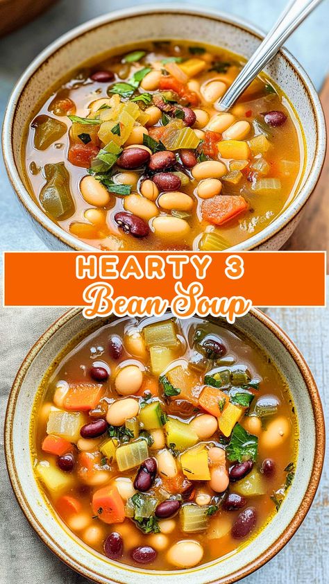 Warm up with this comforting Hearty 3 Bean Soup! Packed with nutritious beans, fresh vegetables, and a blend of spices, this recipe guarantees a hearty meal that everyone will love. Perfect for chilly nights or meal prep, it's easy to make and super satisfying. Save this recipe for a cozy dinner or lunch option you'll reach for all season long! Bean Vegetable Soup Recipes, Zero Point Bean Soup, Bean Chowder Recipe, Hearty Vegetable Bean Soup, Cheap Bean Meals, Vegetable And Bean Soup Recipes, Hearty Bean Soup, Healthy Dinner Recipes Beans, Soups With Beans Healthy