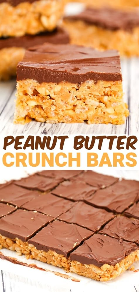 No Bake Peanut Butter Crunch Bars, Desserts With Crunchy Peanut Butter, Peanut Crunch Bars, Healthy No Bake Chocolate Peanut Butter Crunch Bars, Crispy Crunch Bars, Peanut Butter Krispy Treats, Homemade Peanut Butter Twix Bars, Crispy Fudge Rice Krispies, Peanut Butter Rice Crispy Treats With Karo Syrup