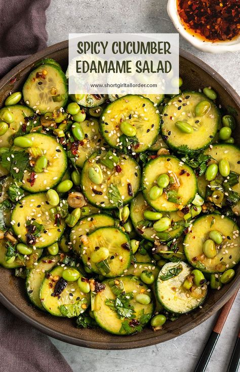 This is the BEST Spicy Edamame Cucumber Salad made with 8 easy ingredients! This Asian cucumber salad is made with rice vinegar, garlic, soy sauce, chili crisp, scallions, & cilantro for a vegan salad that is a refreshing dish when served as a side-dish, appetizer, or a healthy snack. Edamame Side Dish, Ramen Photoshoot, Spicy Edamame, College Meal, Spicy Cucumber Salad, Spicy Cucumber, Chili Crisp, Edamame Salad, Asian Cucumber Salad