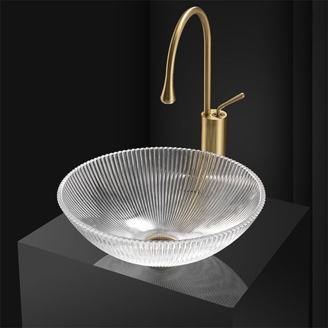 This glass vessel sink is manufactured using glass. This allows for higher temperatures to come in contact with your sink without any damage. Glass Bowl Sink Bathroom, Oval Vessel Sink Bathroom, Vintage Vessel Sink, Sink Bowl Gold, Gold Vessel Sink, Glass Basin, Toilet Sink, Glass Vessel Sinks, Glass Bathroom