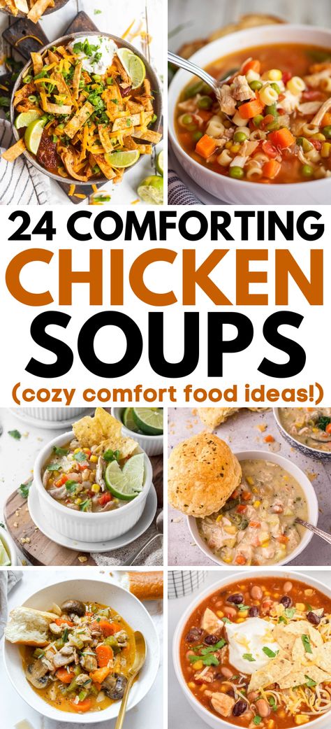 Chicken Soup Recipes With Few Ingredients – Looking for easy soup recipes with chicken? We’ve got you covered with 24 simple and delicious chicken soup recipes that use just a handful of ingredients. Perfect dinner recipes for a family! Comfort meals, chicken dinner ideas, chicken dinner recipes, easy chicken dinner recipes, comfort food chicken dinner, easy fall chicken dinner, stew recipes, cozy stew, cozy fall dinner recipes, cozy winter dinner, healthy chicken dinner. Quick Homemade Soup Recipes, Cozy Chicken Soup, No Noodle Chicken Soup, Chicken Soup Ideas Healthy, Delicious Chicken Soup Recipes, Healthy Chicken Soups And Stews, Easy Winter Chicken Recipes, Dutch Oven Chicken Soup Recipes, Chicken Soups And Stews Crockpot