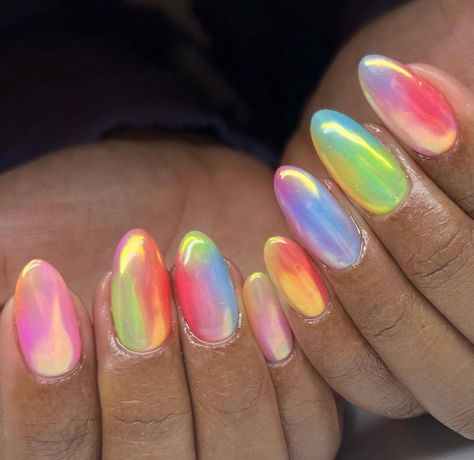 Multicolor Chrome Nails, Holo Chrome Nails, Chrome Glitter Nails, Chrome Aura Nails, Disco Ball Nails, Arcane Nails, Italy Nails, Shower Nails, Nail Piercing