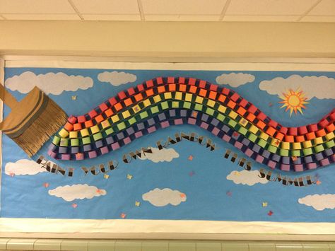 Paint your own rainbow this summer...Mackrille PTA's end of the year bulletin board. Hallway Bulletin Boards, Rainbow Bulletin Boards, Work Bulletin Boards, Art Bulletin Boards, Summer Bulletin Boards, Preschool Bulletin, Library Bulletin Boards, Preschool Bulletin Boards, School Displays