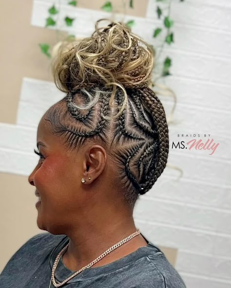 The French Curl Mohawk styled in an up-do 😍 • Book under French Curl Mohawk • #dallashair #dallasbraids #blackhair #blackhairstyles #mohawk #hair #braids #cornrows #design #curls #girlswithcurls Braided Boho Mohawk, Crochet Mohawk Hairstyle, Blonde Cornrows Braids Black Women, Braided Mohawk For Black Women, Curl Mohawk, Cheer Activities, Hair Braids Cornrows, High Ponytail Cornrows, Weekly Hairstyles