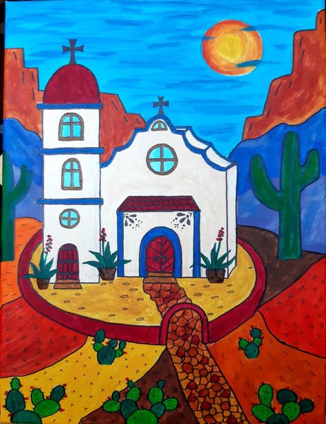 Mexican Paintings Ideas Easy, Southwest Art Paintings, Watercolor Course, Kokopelli Art, Mexican Paintings, Navajo Art, Native American Paintings, Cactus Art, Canvas Painting Diy