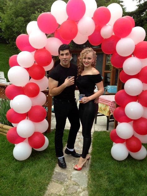 Sandy and Danny costumes for my 22nd Grease theme birthday party 50s Theme Parties Outfit, Grease Movie Theme Party, 50s Theme Party Outfit, Grease Theme Party Ideas, Grease Lightning Party Ideas, Grease Party Decorations, Grease Trunk Or Treat Theme, Grease Movie Party Ideas, Grease Themed Party Decoration