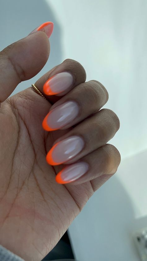 neon orange french nails Orange French Nails, Orange Acrylic Nails, April Nails, Maroon Nails, Cow Nails, Formal Nails, Casual Nails, Cute Nail, Simple Acrylic Nails