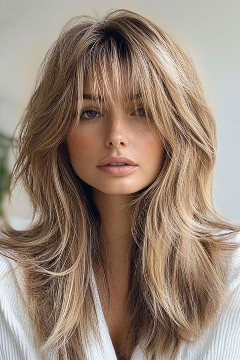 Sunlit Sandy Layers with Curtain Bangs, long layered haircut with fringe Blonde Hair Layered Curtain Bangs, Blonde Curtain Bangs And Layers, Curtain Bangs Long Hair Shag, Long Hair Short Layers With Bangs, Long Layer Haircut With Bangs, Long Layered Bangs Hairstyles, Bangs With Layers Long Hair, Layered Haircuts For Long Hair With Bangs, Shag Medium Length Hair Curtain Bangs