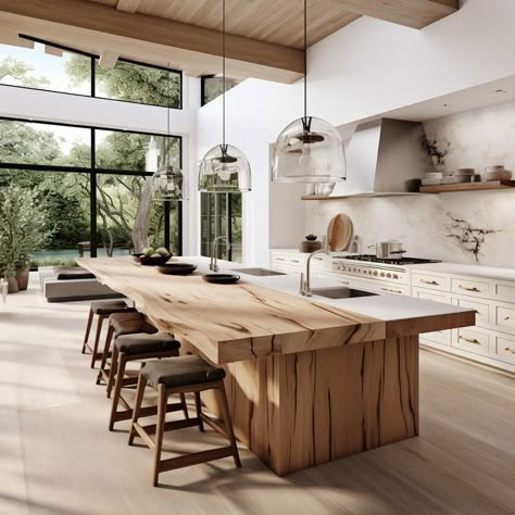 Big Kitchen Island With Dining Table, White Oak Island Kitchen, Bali Kitchen Design, Wooden Island Kitchen, Rustic Contemporary Kitchen, Kitchen Island Rustic, Modern Mediterranean Kitchen, Modern Rustic Kitchen, Boho Chic Kitchen