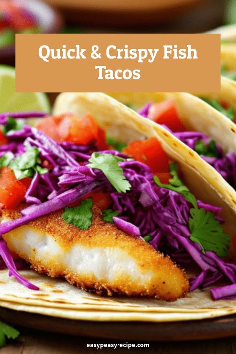 Crispy fish tacos with purple cabbage, tomatoes, and cilantro on a soft tortilla. Crispy Baked Fish Tacos, Baja Fish Tacos Air Fryer, Fish Tacos Air Fryer, Crispy Air Fryer Fish, Air Fryer Fish Tacos, Crispy Fish Tacos, Fish Tacos Tilapia, Fried Fish Tacos, Air Fried Fish