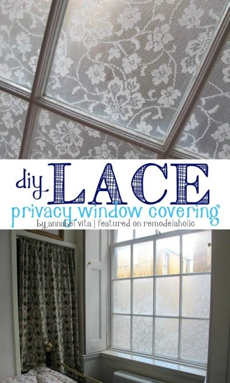 DIY Lace Privacy Window Covering |  Annabel Vita on Remodelaholic.com #AllThingsWindows #privacy #lace Diy Lace Privacy Window, Window Coverings Diy, Kitchen Window Coverings, Lace Window, Chic Bedrooms, Privacy Window, Shabby Chic Living, Shabby Chic Living Room, Cottage Furniture