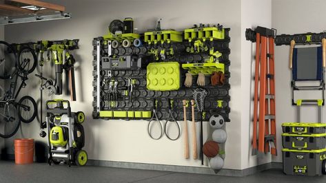 RYOBI LINK 7-Piece Wall Storage Kit is Expandable with a Range of Storage Solutions - The Foyager Lawn Equipment Storage, Lawn Tool Storage, Ryobi Link, Tool Wall Storage, Garage Workbench Plans, Garage Wall Storage, Garage Storage Inspiration, Garage Design Interior, Wall Storage Systems