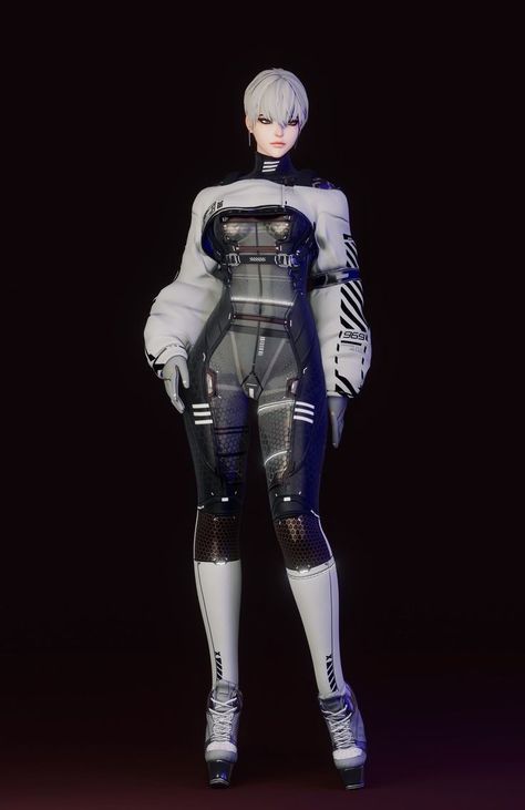 Futuristic Fantasy Outfits, Cyberpunk Bodysuit Concept Art, Cybercore Bodysuit, Si Fi Outfits, Atom Punk Fashion, Fantasy Space Outfit, Cyberpunk Corporate Woman, Space Fantasy Outfit, Anime Futuristic Outfit