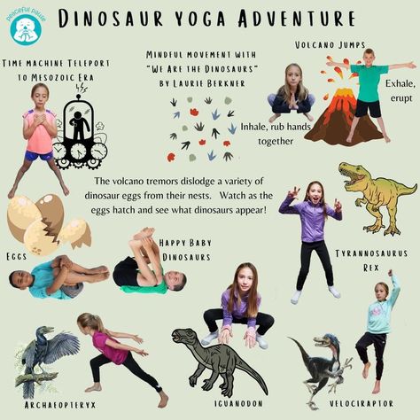 Guide your young yoga students on a Dinosaur Yoga Adventure.  Travel back in time where kids are invited to mindfully move their bodies with breath in this playful class. Dinosaur Yoga, Kids Yoga Games, Kids Yoga Classes, Yoga Games, Childrens Yoga, Yoga Themes, Kids Inspo, Yoga Mindfulness, Mindfulness For Kids