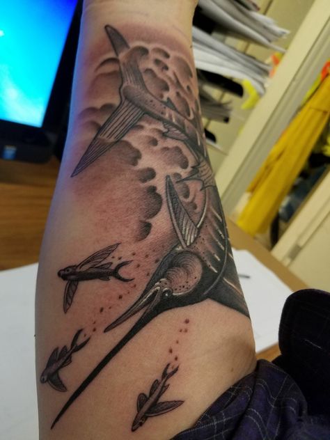 Sailfish Tattoo, Sunfish Sailboat Tattoo, Redfish Tattoo For Men, Swordfish Tattoo Design, Realism Fish Tattoo, 3d Tattoos, 3d Tattoo, Ink Master, Optical Illusions