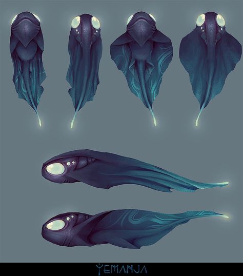 Alien Creatures Cute, Mind Flayer Tadpole, Fantasy Fish Concept Art, Scifi Creature Design, Bioluminescent Creature Concept Art, Sea Creatures Artwork, Fantasy Air Creatures, Deep Sea Creatures Drawings, Sky Leviathan