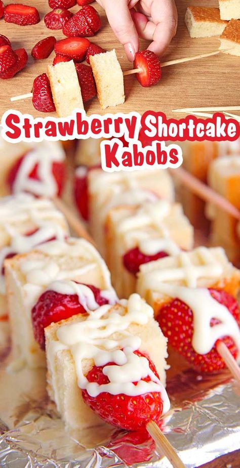 Strawberry Shortcake Kabobs - Sugar Apron Cake Cubes Ideas, Strawberry Shortcake Kabobs Skewers, Kabob Ideas Appetizers, 30th Birthday Food Ideas, Work Desserts, Strawberry Shortcake Kabobs, Strawberry Shortcake Birthday Party, Dessert Kabobs, Snacks Easy