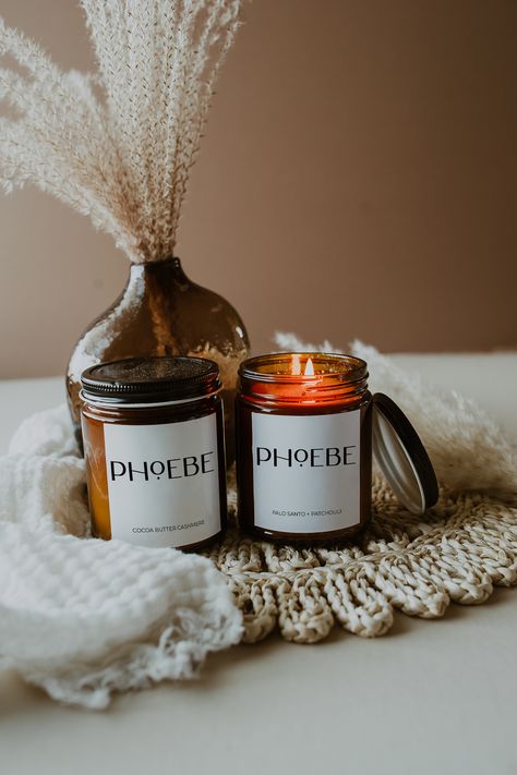 Palo Santo + Patchouli and Cocoa Butter Cashmere Amber Jar Soy Wax Luxury Candles Candle Staging, Bridesmaid Proposal Candle, Candle Photoshoot, Tea Photo, Bridesmaid Proposal Diy, Proposal Candles, Flatlay Ideas, Minimalist Candle, Candle Labels Design