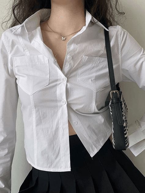 Style: Casual, Street 
 Color: White 
 Fabric Content: Polyester, Cotton 
 Fit Type: Slim fit 
 Neckline: Turndown Collar 
 Sleeve Length: Long Sleeve Crop Shirts For Women, Cropped White Shirt, Woman Streetwear, Women Korean Fashion, Y2k Skirt, White Shirts Women, Button Blouse, Button Up Long Sleeve, Basic Long Sleeve