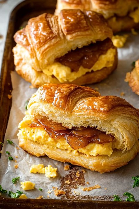 Killer Maple Mustard Croissant Breakfast Sandwiches Unique Croissant Flavors, Croissant Egg Boats, Croissant Breakfast Sandwiches, Maple Breakfast Sausage, Winter Sandwiches, Maple Mustard Sauce, Savory Baked Goods, Breakfast Croissants, Hangover Breakfast