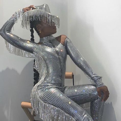 @dawnrichard Disco Groovy Outfit, Electric Cowgirl Party, Black Disco Cowgirl, Silver Cowboy Outfit, Rhinestone Cowboy Outfit, Disco Cowboy Aesthetic, Glitter Cowgirl Aesthetic, Chrome Cowgirl, Space Cowgirl Outfits