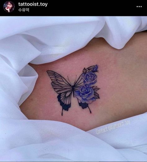 Butterfly With Blue Roses Tattoo Black And Blue Butterfly Tattoo, Blue Roses Tattoo, Butterfly Tattoos Ideas, Butterfly And Rose Tattoo, Butterfly Rose Tattoo, Rose And Butterfly Tattoo, Butterfly Tattoo Ideas, Blue Butterfly Tattoo, 3d Butterfly Tattoo