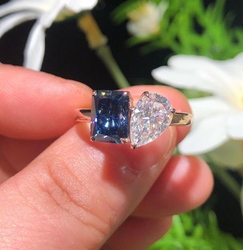 Sapphire Proposal Ring, Two Stone Engagement Ring, Pear Cut Diamond Ring, Diamond Rings With Price, Gold Anniversary Rings, Pear Cut Diamond, Sapphire Color, Stone Engagement Rings, Proposal Ring