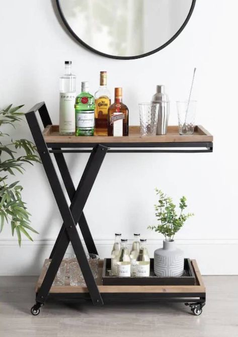 Drinks Organization, Bar Cart Inspo, Natural Office, Wood Bar Cart, Metal Bar Cart, Rolling Bar Cart, Cart With Wheels, Airbnb Design, Bar Cart Styling