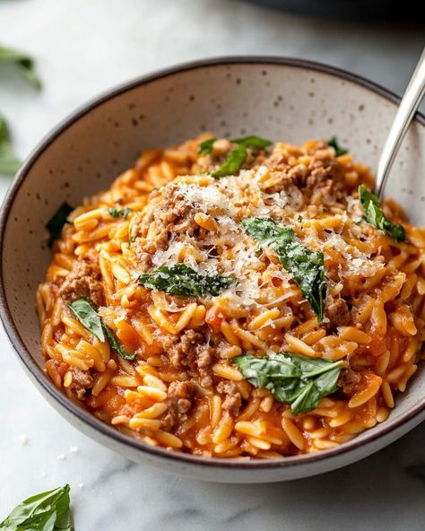 Ground Beef Orzo - Recipe Amelia Ground Beef Risotto Recipes, Beef Risotto Recipes, Beef Risotto, Creamy Tomato Orzo, Beef Orzo, Seafood Lasagna Recipe, Seafood Lasagna Recipes, Salmon Chowder, Orzo Recipe